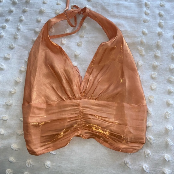 Pepper mayo shimmery orange halter crop top sz 2 - Picture 2 of 4